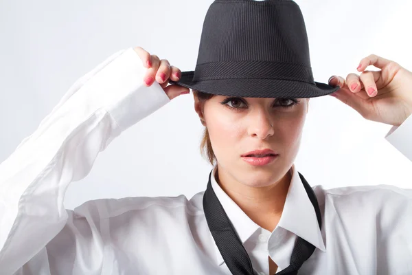 Young woman dressing in men's clothing — Stock Photo, Image