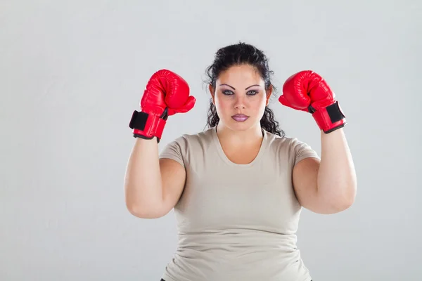 Overweight woman with boxing gloves — Stock Photo, Image