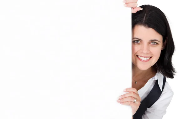 Podnikatelka drží bílou tabuli — Stock fotografie