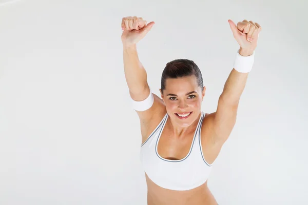 Friska fitness kvinna tummen upp — Stockfoto