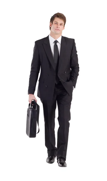 Бізнесмен з ходьбою на портфелі, ізольований на білому — стокове фото