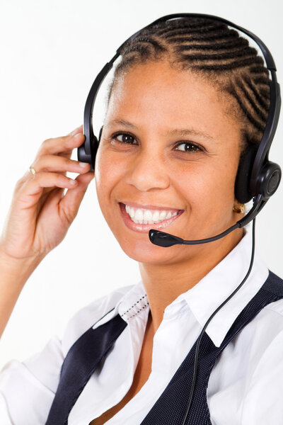 African american businesswoman with headset smiling