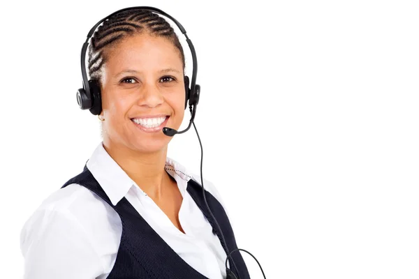 African american kobieta z zestawu słuchawkowego uśmiechający się — Zdjęcie stockowe