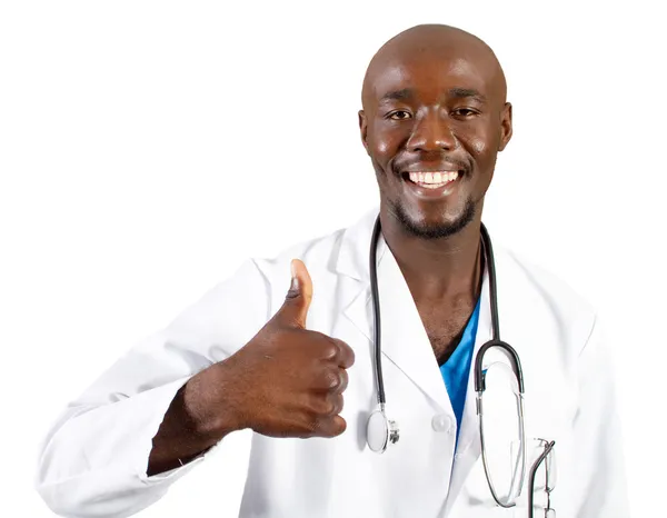 Šťastné afrických doktor dává palec — Stock fotografie