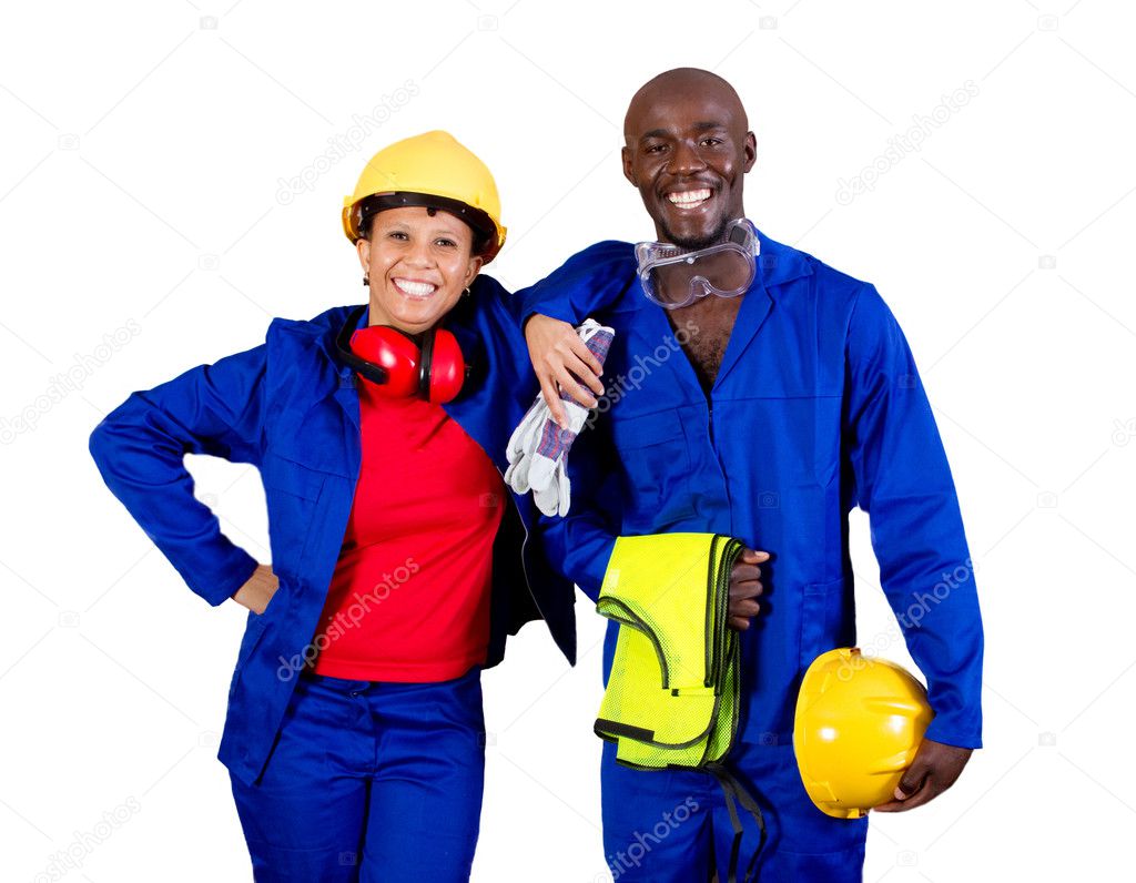 Two african american industrial workers isolated on white