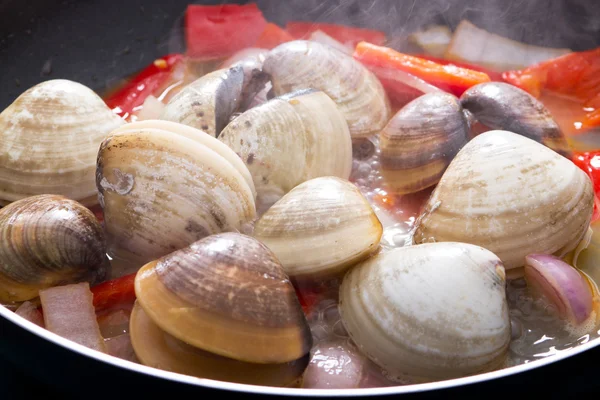 Clams cooking in pan — Stock Photo, Image
