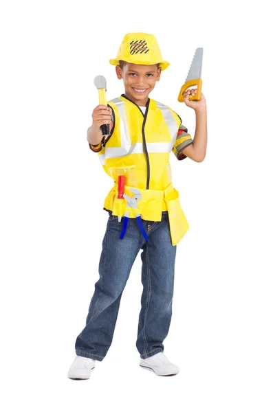Bonito menino em uniforme de construção — Fotografia de Stock
