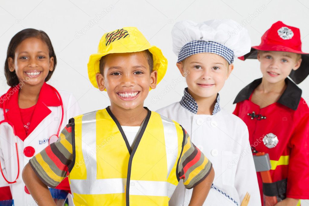 Group of happy little workers in various uniforms
