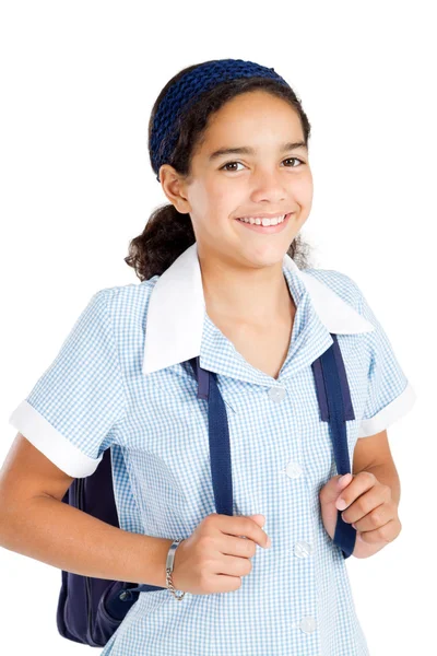 Üniforma giyen ve çantanı taşıyan preteen kız öğrenci — Stok fotoğraf
