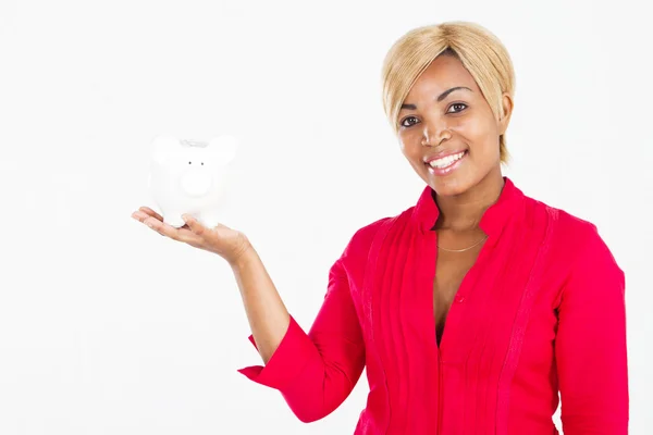 African american vrouw met een spaarpot — Stockfoto