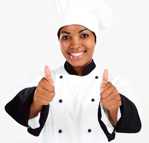 Feminino Africano americano chef polegares para cima — Fotografia de Stock