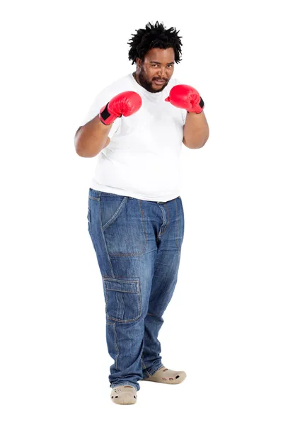 Overweight african american man with boxing gloves — Stock Photo, Image