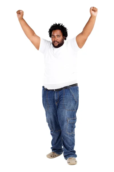 Engraçado sobrepeso Africano americano homem braços para cima — Fotografia de Stock