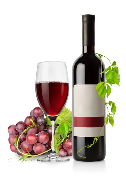 Flasche Rotwein und Trauben — Stockfoto