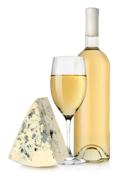 Bottiglia di vino e formaggio blu — Foto Stock