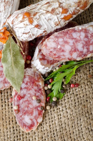 Salami and spices — Stock Photo, Image
