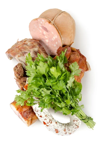 Carne cozida e salsichas isoladas — Fotografia de Stock