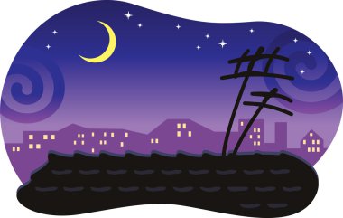 Stylized night cityscape with a tiled roof and the moon. clipart