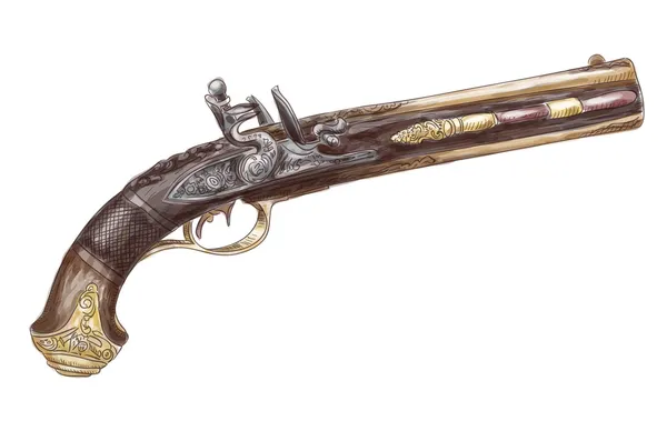 Dutch two barrel flintlock pistol by Johann Kuchenreiter (late 1 — Stock Vector