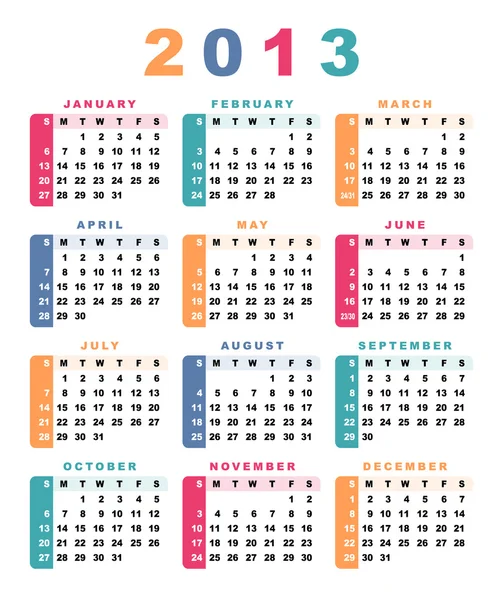 Календарь 2013 (неделя начинается с воскресенья ). — стоковый вектор