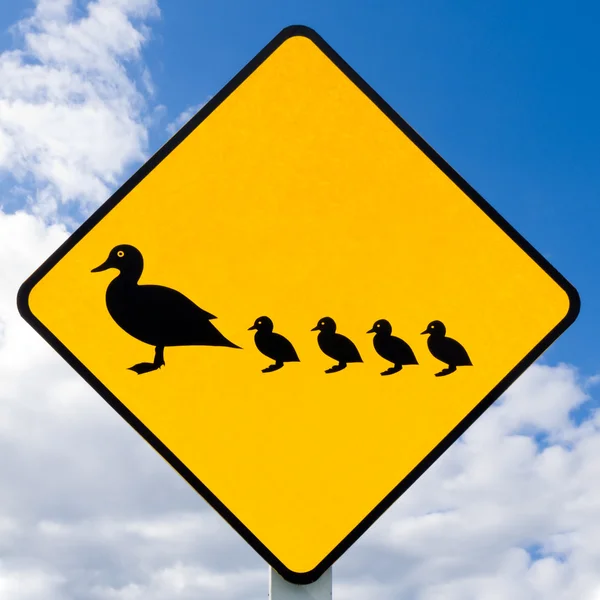Roadsign warning, ducks with ducklings crossing — Stock Photo, Image