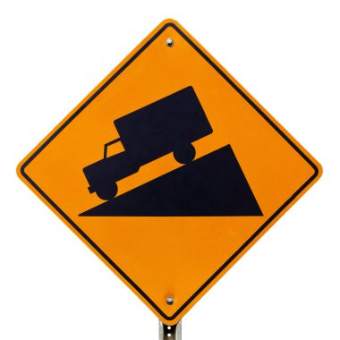 Steep grade hill ahead warning road sign on white clipart