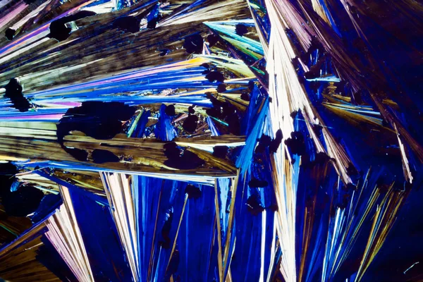 Benzoic acid crystals in polarized light — Stock Photo, Image