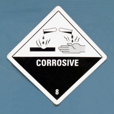 Corrosive hazard symbol warning sign on blue clipart