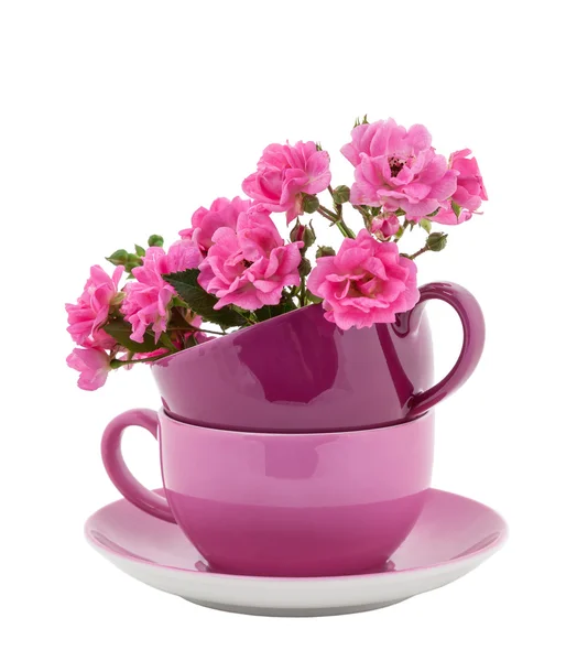 Tazas de café con rosas rosadas — Foto de Stock