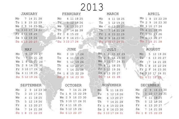2013 Calendário com mapa do mundo — Fotografia de Stock