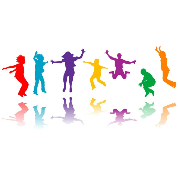 Grup el çekilmiş çocuk atlama silhouettes — Stok fotoğraf