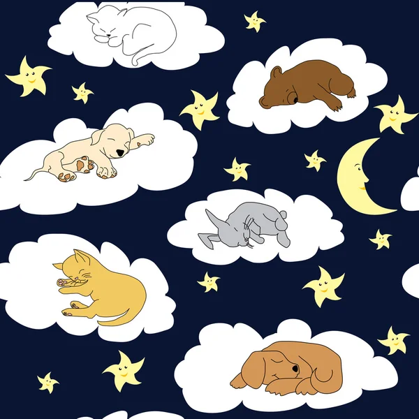 Night sky background with sleeping cute cartoon animals — Stock Photo, Image