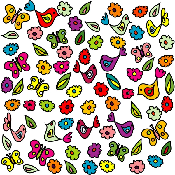 Sfondo con uccelli, farfalle e fiori, motivo per genere — Foto Stock