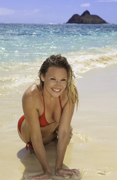 Piękne blond w bikini na plaży — Zdjęcie stockowe