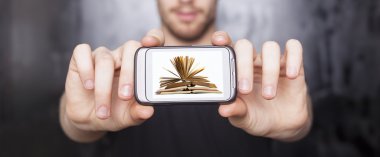 Digital book on smartphone display - E-library concept clipart