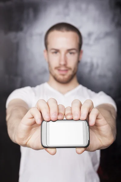 Smartphone im Fokus! Telefon in der Hand — Stockfoto