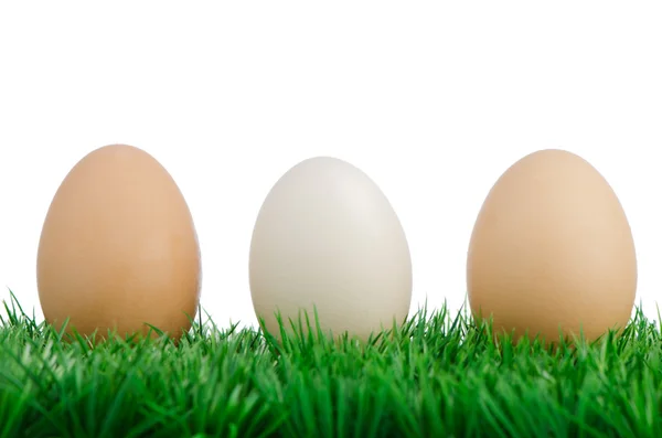 三个鸡蛋在草地上 — 图库照片
