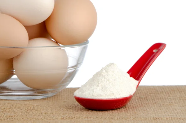Brązowy jaja na bown i czerwony ceramiczny łyżka białego proszku — Zdjęcie stockowe