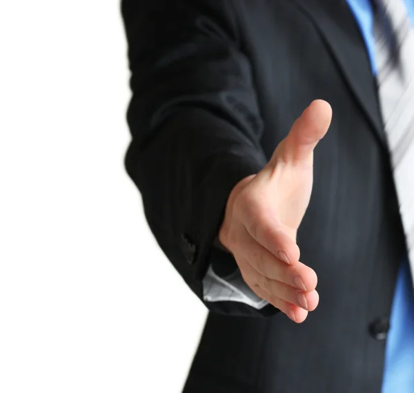 Egy üzletember, egy nyitott kéz, egy üdvözlő gesztus — Stock Fotó