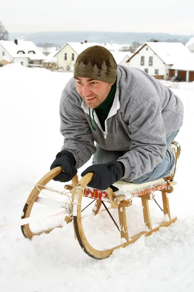Sledding at winter time — Stock Photo, Image