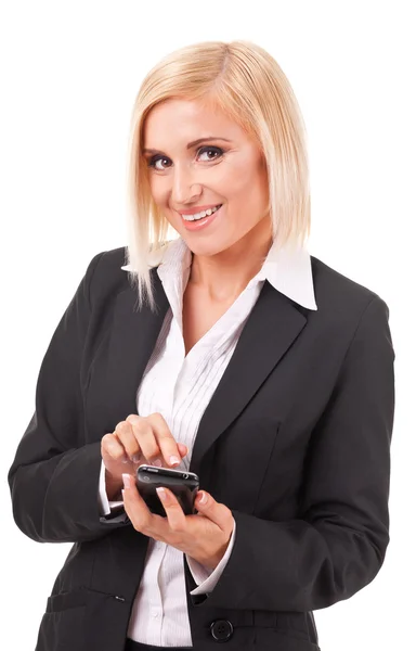 Бізнес-леді, використовуючи сенсорний екран смартфон — стокове фото