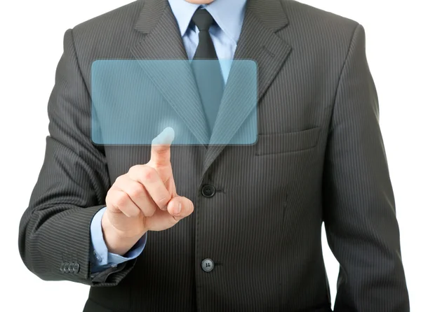 Homem aperta um botão invisível no visor visual — Fotografia de Stock