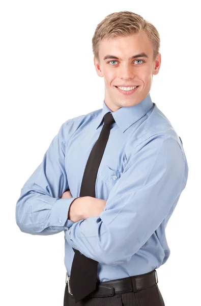 Portrait of a happy manager in the blue shirt — Stock Photo, Image