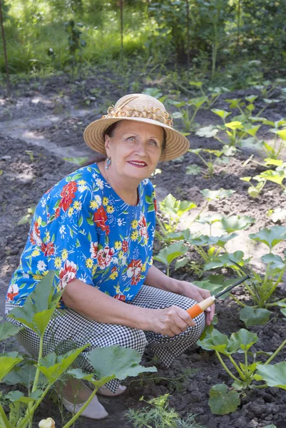 Den glad kvinnan växer upp grönsaker — Stockfoto