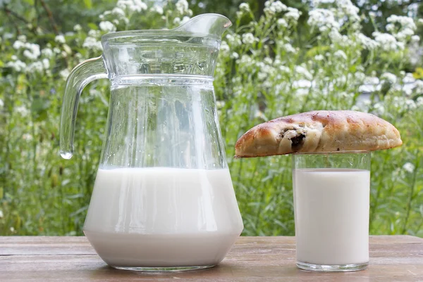 Fresh milk with appetizing ruddy pies — Stock Photo, Image