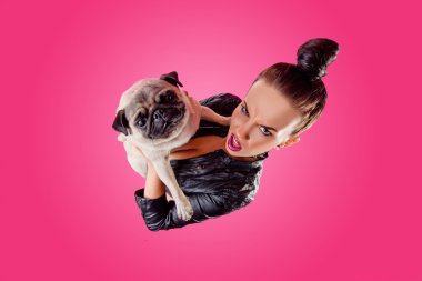 Overhead view of woman with pug clipart