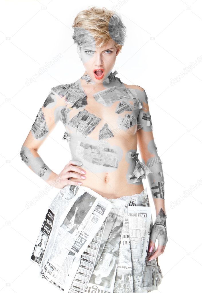 Woman wearing newspaper fashion