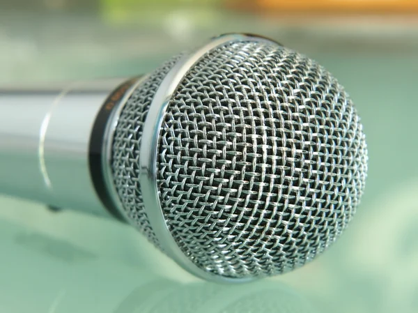 Silver metallic microphone taken closeup. — Stock Photo, Image