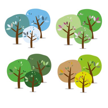 Üç izole renkli mevsimlik ağaçlar