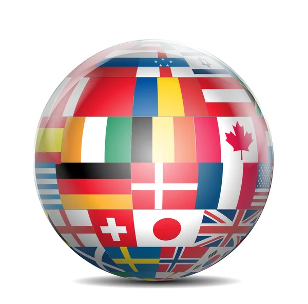 Globe lucido con le bandiere del mondo — Vettoriale Stock